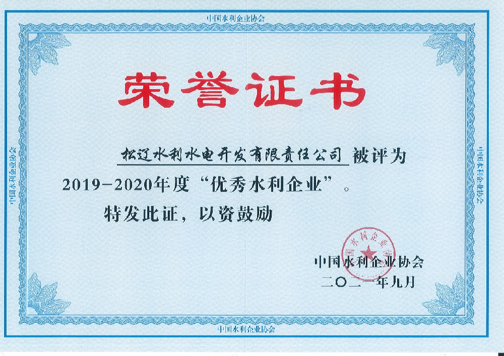 获中国水利企业协会评选“优秀水利企业”